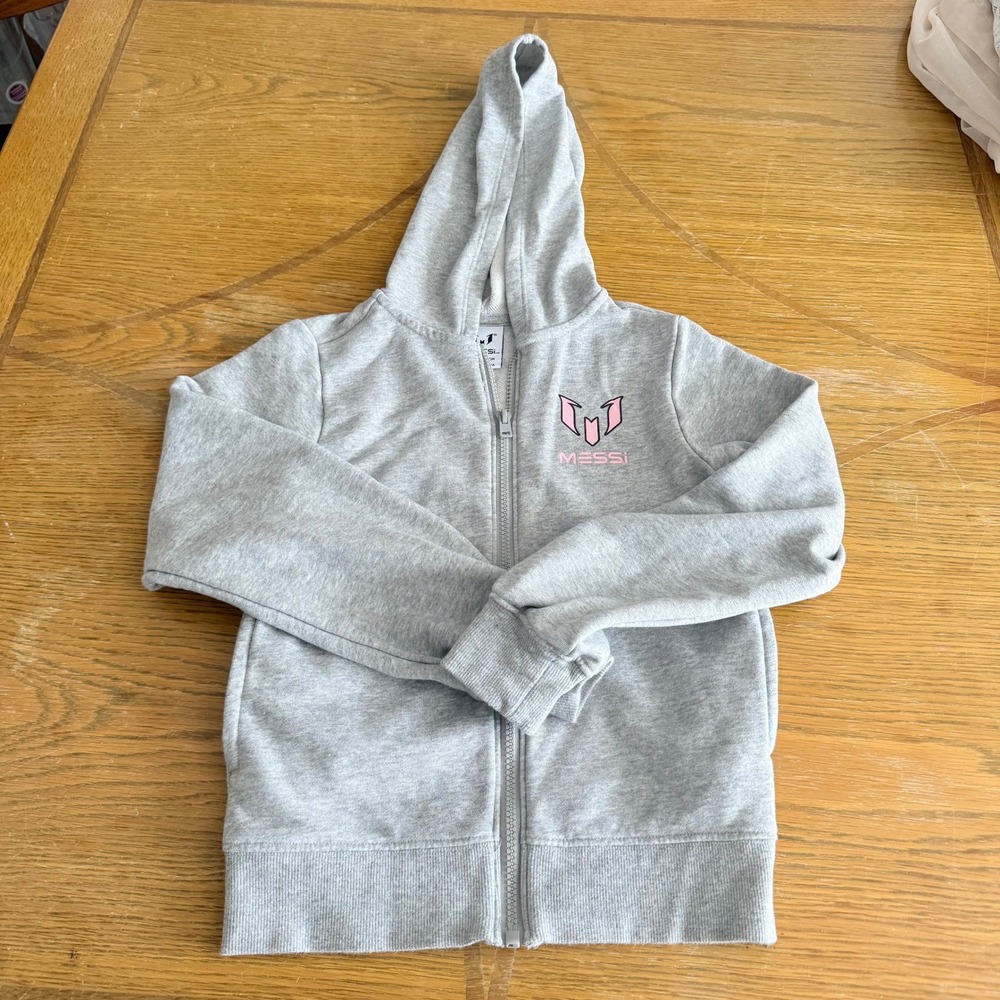 Messi Official‎ Brand Girls Youth XS Hoodie Full Zip Gray Pink Soccer Graphic